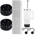 8-piece Stanley cup accessory set with glitter straws, brush, and black silicone covers - Black Starry Set