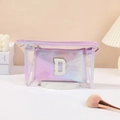 Pink holographic vanity bag and clear PVC pouch set featuring a plush letter D patch - Purple [D]