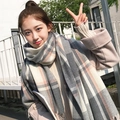 Thick grey and beige plaid scarf for winter with decorative tassel fringe details - Versatile Grey