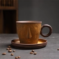 Japanese retro brown ceramic coffee cup and saucer set with creative 3D face relief - 254 Embossed Face Cup + Saucer (dark Brown) 290ml / Universal