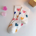 White cotton crew socks with pink, blue and orange heart patterns for women - One Size / White With Colorful Heart