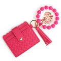 Rose red woven PU leather card holder with silicone bead bracelet and MAMA charm - Rose Red
