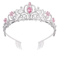 Silver bridal tiara with pink crystals and teardrop gemstone on white background - White + Pink