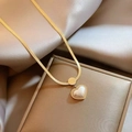 18K rose gold snake chain necklace with a heart-shaped pearl pendant for women - Heart Artificial Pearl Snake Chain Style (8974) / Gold