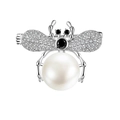 Silver bee brooch with pavé wings and large white pearl accent on white background - Silver White Pearl Bee (K1031-SI)