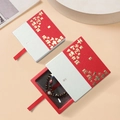 Red and white Chinese style jewelry storage box with gold foil lettering and pull cord - With Red Inner Box / 9*9*2CM / Grass Red