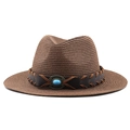 Dark brown straw fedora with turquoise stone accent and wide brim for sun protection - M (56-58cm) / Brown