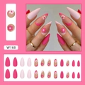 Matte almond-shaped press-on nails with pink floral designs and golden glitter curves - W168 Textured Small Flower (Glue Style)