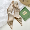 Brown and ivory geometric patchwork twilly silk scarf with pointed ends for hair and bags - Khaki Geometric