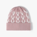 Pink and white patterned cable knit beanie hat with fleece lining and fold-over cuff - Pink Jacquard Style (24B023粉色)