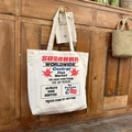 Retro cream canvas tote bag with Central Flea Market print and long shoulder straps - Beige