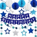 Set de decoración de cumpleaños para niño en azul y blanco con pancartas, estrellas y bolas - Juego de Pancarta Bolas de Nido de Abeja y Estrellas / Azul Azul-Claro