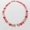 Pink and red heart beaded necklace with white baroque pearl and golden spacers - Watermelon red