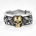 Gothic punk skull ring with golden skull and silver rose details for men - Rose Skull