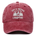Close-up of white embroidery detail on a washed red cotton camping baseball cap - Burgundy