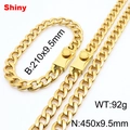 Golden 9.5mm Cuban link stainless steel necklace and bracelet set with magnetic buckle - Style B (Magnetic Clasp) / 9.5mm Width/45cm Chain / Gold