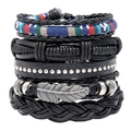 Handmade woven leather bracelet set with retro feather charms and colorful beads - Five-Piece Set