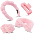 Pink flannel headband and wristband set with claw clip and scrunchie for skincare - Pink Comprehensive Hair Accessory Set