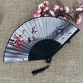 Classic black bamboo folding fan with red plum blossoms, birds and black silk tassel - No.27 Grey Black Red Plum Bird