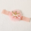 Pink lace baby headband with mesh flower, mini gold crown and pearl bow detail - Korean Pink Crown