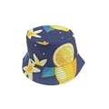 Detailed close-up of navy bucket hat featuring yellow lemon and white floral print patterns - M (56-58cm) / Dark Blue Lemon Print