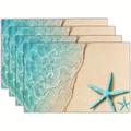 Set of four coastal placemats with ocean beach scenery and blue starfish decor - Tropical Beach