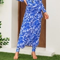 Women's blue floral long sleeve surfing set with wrap skirt and matching leggings - One Size / Sarong / Blue Tropical Print