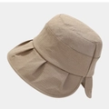Beige sun bucket hat with ribbon bow and textured vertical ripple fabric for women - M(56-58cm) / Brown
