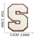 Detailed view of 7cm chenille letter S patch in white with brown border and dimensions - Letter S
