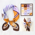 70x70 square silk scarf with vintage horse and chain pattern in purple and orange - 70*70cm / Purple Horse Plaid (01)
