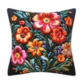 Square floral cushion cover with 3D effect embroidery on a black background - 18x18 Inch