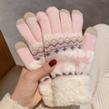 Gants en tricot rose avec motifs de rennes, fonction tactile et poignets en fourrure peluche - Rose