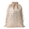 Linen Christmas gift bag with gold stars and drawstring closure for festive presents - Rose Gold Starry Sky