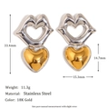Boucles d'oreilles cœur et lèvres en acier doré 18K avec dimensions détaillées - Bouche et Cœur Bi-couleur - Or/Argent