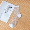 Women's transparent crystal socks with white polka dots and solid heels in a flat lay view - Small Dots White