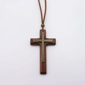 Detail of hand-woven wood and bronze metal double layer cross pendant with leather cord - Coffee Double Layer Cross