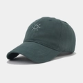 Detailed side view of dark green baseball cap with white sun embroidery and cotton texture - Dark Green