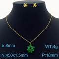 Golden titanium steel set with green petal pendant necklace and small flower stud earrings - Green (KS201532-GG)
