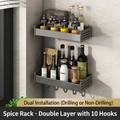 Double-tier gun grey kitchen spice rack in 30cm width with 5 hooks for wall storage - Gun Grey Rack 30cm - Double Layer 10 Hooks
