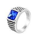 Men's silver stainless steel ring with a large square blue gemstone and checkered band - US 9 / Silver with Dark Blue Gem