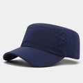 Macro detail of navy blue quick-dry fabric and double stitching on the flat military cap - Adjustable / Dark Blue