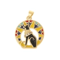 Detail of 18K gold plated Egyptian Bastet cat pendant with colorful enamel geometric patterns - Egyptian Cat God
