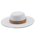 Detail view of white wool fedora with brown studded leather band and silver rivet pattern - M / Pure White