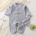 Gray ribbed knit baby romper with matching knot hat and decorative front pocket - 66CM / Gray