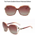Polarized retro oversized sunglasses for women with brown gradient lenses and gold rose detail - Polarized Tea Frame Gradient Tea Lens
