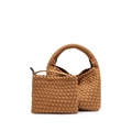 Caramel woven two-piece tote bag set with high-capacity hobo style and matching small pouch - Brown