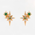 Golden star stud earrings with green and clear cubic zirconia in starburst design - Rose Gold Star Pair