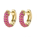 Detailansicht goldener Creolen mit zweireihigem Besatz aus rosa Zirkon-Steinen - Gold Doppelreihig Rosaroter Strass / Fuchsia