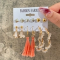 French vintage 6-piece earring set with pearls and star heart studs in gold finish - Star Heart Tassel and Faux Crystal Hoop Set (51803)