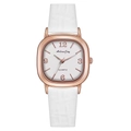 Detail of square rose gold quartz watch with white leather strap and numeric dial - White